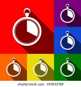 The 20 seconds, minutes stopwatch sign. Vector. Set of icons with flat shadows at red, orange, yellow, green, blue and violet background.