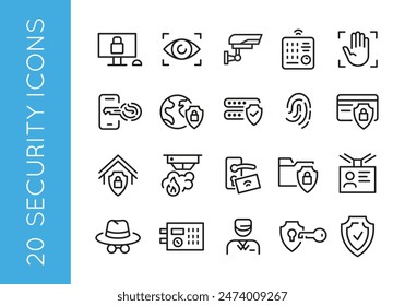 20 Security icons. Set of 20 security trendy minimal icons. Computer, Eye scan, Security camera, Fingerprint, Shield icon. Design signs for web page, mobile app, packaging design. Vector illustration