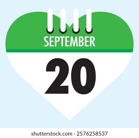 20 September calendar icon green heart shape on light sky blue color background, calendar vector symbol for the month of September.