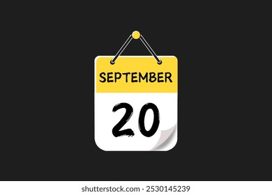 20 September calendar icon text page monthly web design on yellow, red, black, and white background vector, icon, or illustration with the month of September 20