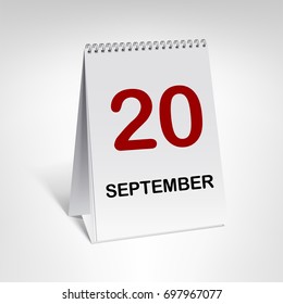 20 September. Spiral calendar vector illustration. Vertical table calendar with date isolated on white background.