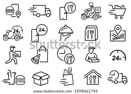 20 Set of Food Delivery Related Vector Line Icons. Contains such Icons as Courier, Food Box, trolley, motorcycle,
Food Packages, Contactless Delivery, and more, Editable Stroke 