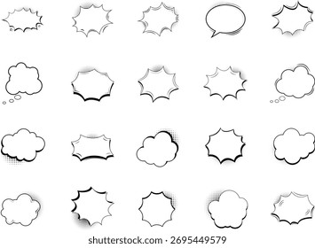 20 Conjunto de burbujas de discurso cómico dibujadas a mano con estilo de contorno perfecto para el arte pop, manga y diseño de dibujos animados