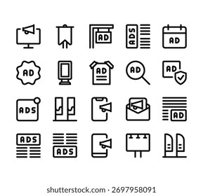 20 set of outline web advertising icons such as sports and competition, ads, ads, ads, broadcast vector thin icons for report, presentation, diagram, web design, mobile app