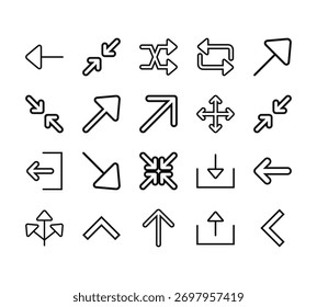 20 conjunto de delinear ícones de setas da Web como minimizar, minimizar, sair, três setas, seta vetor ícones finos para relatório, apresentação, diagrama, web design, aplicativo móvel