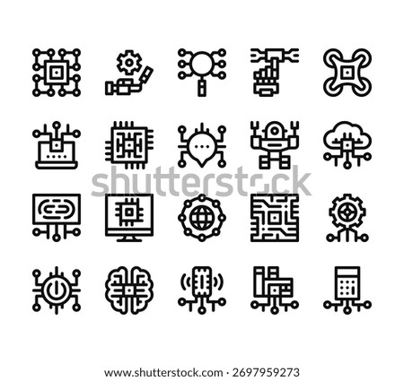 20 set of outline web artificial intelligence icons such as robot, laptop, fingerprint, power button, microphone vector thin icons for report, presentation, diagram, web design, mobile app