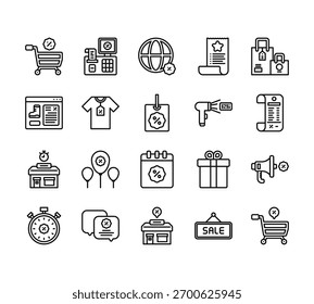 20 conjunto de delinear web ícones de sexta-feira preta como caixa registradora, site, loja, cronômetro, loja vetor ícones finos para relatório, apresentação, diagrama, web design, aplicativo móvel