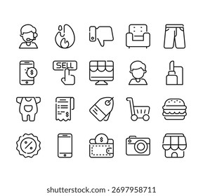 20 set of outline web bufilot ecommerce icons such as hot sale, mobile payment, baby clothes, discount, wallet vector thin icons for report, presentation, diagram, web design, mobile app