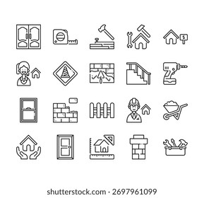 20 set of outline web build a house icons such as measure tape, sales agent, window, home insurance, house sketch vector thin icons for report, presentation, diagram, web design, mobile app