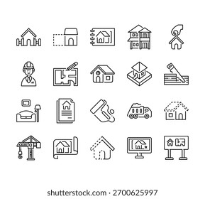 20 conjunto de esboço web construir uma casa ícones como garagem, engenheiro, móveis, guindaste, construir vetor ícones finos para relatório, apresentação, diagrama, web design, aplicativo móvel