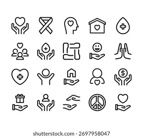20 set of outline web charity icons such as awareness, people, healing, donation, charity vector thin icons for report, presentation, diagram, web design, mobile app