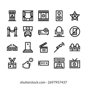 20 conjunto de ícones de cinema web de contorno como tela, barreira, d óculos, id, sair vetor ícones finos para relatório, apresentação, diagrama, web design, aplicativo móvel