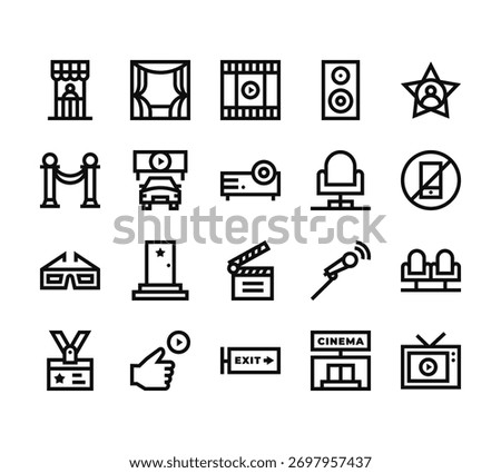 20 set of outline web cinema icons such as screen, barrier, d glasses, id, exit vector thin icons for report, presentation, diagram, web design, mobile app
