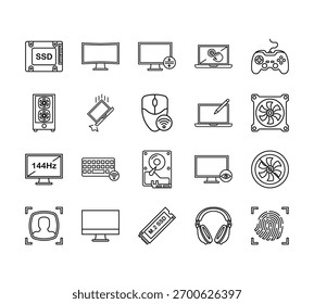 20 conjunto de ícones da interface do computador web da estrutura de tópicos como monitor, casos, monitor, reconhecimento de rosto, ícones finos do vetor ssd para relatório, apresentação, diagrama, web design, aplicativo móvel