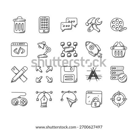 20 set of outline web web design and development icons such as mobile, web development, edit tools, video games, bezier tool vector thin icons for report, presentation, diagram, design, mobile app