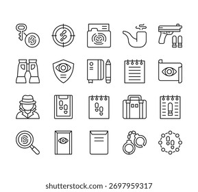 20 Satz von Umriss Web-Detektiv-Symbole wie Detektiv, Fernglas, Detektiv, Fingerabdruck, Datei Vektor dünne Symbole für Bericht, Präsentation, Diagramm, Web-Design, mobile App