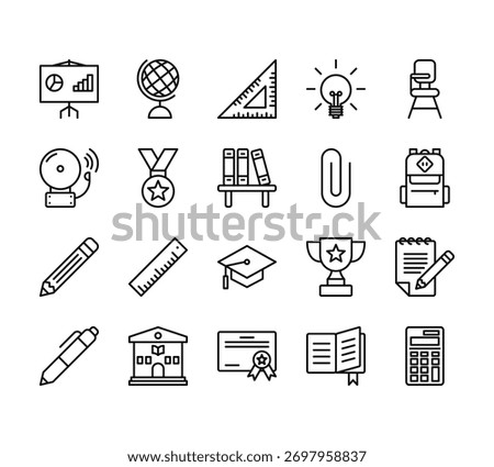 20 set of outline web education icons such as globe, school bell, pencil, pen, certificate vector thin icons for report, presentation, diagram, web design, mobile app