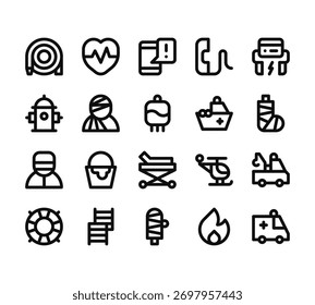 20 conjunto de delinear ícones de emergências da web, tais como batimento cardíaco, hidrante, enfermeira, boia salva-vidas, mão vetor ícones finos para relatório, apresentação, diagrama, web design, aplicativo móvel