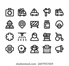 20 conjunto de delinear ícones de emergências da web, como caminhão de incêndio, bombeiro, emergência, bandagem, vetor de emergência ícones finos para relatório, apresentação, diagrama, web design, aplicativo móvel