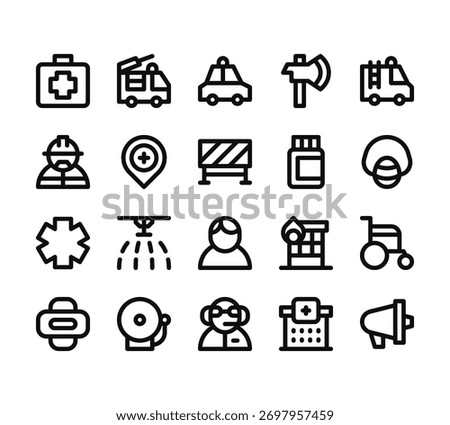 20 set of outline web emergencies icons such as fire truck, firefighter, emergency, bandage, emergency vector thin icons for report, presentation, diagram, web design, mobile app