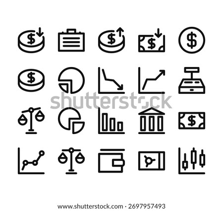 20 set of outline web finance icons such as briefcase, coin, unbalanced, statistics, wallet vector thin icons for report, presentation, diagram, web design, mobile app