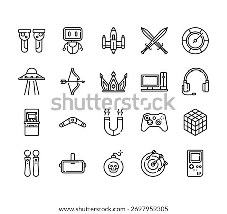 20 set of outline web gaming icons such as robot, ufo, arcade, game controller, bomb vector thin icons for report, presentation, diagram, web design, mobile app