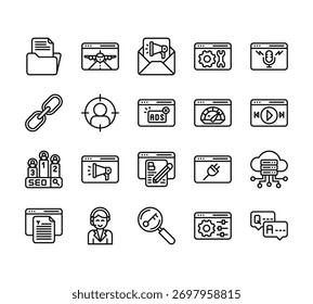 20 conjunto de iconos de estrategia de marketing en Internet de Web de esquema como página de destino, Enlaces, pagerank, contenido de Sitio web, Vector de palabras clave para informes, presentación, diagrama, Diseño web, App móvil