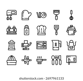 20 set of outline web kitchenware icons such as oven glove, stove, grater, juicer, pan vector thin icons for report, presentation, diagram, web design, mobile app