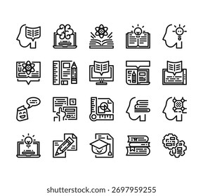 20 conjunto de delinear ícones de educação de aprendizagem na web como cérebro, aprendizagem online, notificação, ideia, mortarboard vetor ícones finos para relatório, apresentação, diagrama, web design, aplicativo móvel