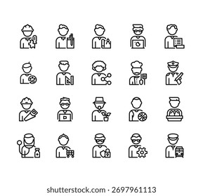 20 conjunto de esboço web man trabalhador avatar ícones, como autor, artista, carpinteiro, médico, hacker vetor ícones finos para relatório, apresentação, diagrama, web design, aplicativo móvel
