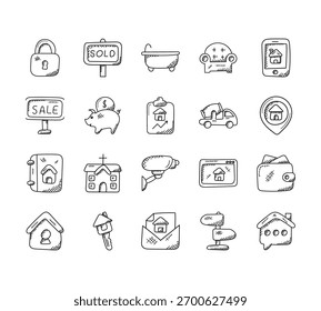 20 set of outline web real estate icons such as  , sale, real estate, home security, real estate vector thin icons for report, presentation, diagram, web design, mobile app