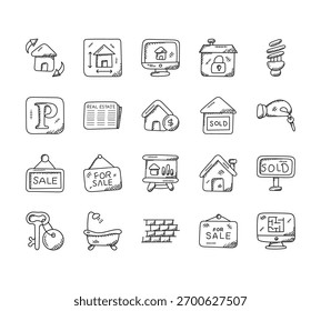 20 conjunto de iconos de la propiedad inmobiliaria del Web del contorno tales como plano, aparcamiento, para la venta, llave de la puerta, ladrillos Vector de pared iconos delgados para el informe, presentación, diagrama, Diseño web, App móvil