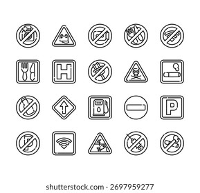 20 conjunto de esboço de sinal web e ícones de proibições, como ácido, restaurante, sem álcool, sem estacionamento, vetor de poluição ícones finos para relatório, apresentação, diagrama, web design, aplicativo móvel