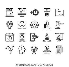 20 conjunto de delinear ícones de start-ups da web, como produto, medalha, calendário, pesquisa, alvo vetor ícones finos para relatório, apresentação, diagrama, web design, aplicativo móvel