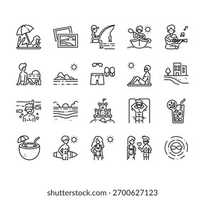 20 set of outline web summer holiday icons such as photo, beach sun, diver, coconut water, woman vector thin icons for report, presentation, diagram, web design, mobile app