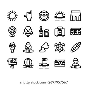 20 conjunto de iconos de surf de Web de contorno como shaka, playa, helado, cámara de acción, Vector de toma de viento delgados iconos para informe, presentación, diagrama, Diseño web, App móvil
