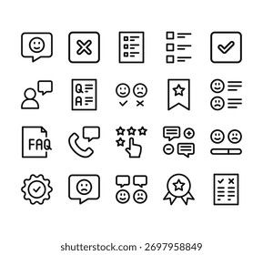 20 Satz von Umrisssymbolen für die Web-Umfrage, wie z. B. Abbrechen, Kundenbewertung, FAQ, Garantie, Überprüfung von Vektorsymbol für Bericht, Präsentation, Diagramm, Webdesign, mobile App
