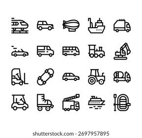 20 conjunto de vehículos de Web de contorno e íconos de transporte como , convertible, carretilla elevadora, Carrito de golf, Vector de camiones de bomberos íconos delgados para informe, presentación, diagrama, Diseño web, App móvil