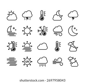 20 conjunto de delinear web ícones meteorológicos, como tempestade, lua, calor, nevoeiro, chuva vetor ícones finos para relatório, apresentação, diagrama, web design, aplicativo móvel
