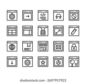 20 conjunto de delinear ícones de elementos do Web site tais como up, dashboard, navegador web, navegador, favorito vetor ícones finos para relatório, apresentação, diagrama, web design, aplicativo móvel