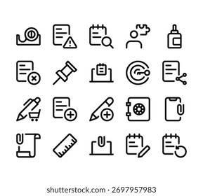 20 conjunto de delinear ícones do escritório de trabalho web como papel, papel, caneta, arquivo, laptop vetor ícones finos para relatório, apresentação, diagrama, web design, aplicativo móvel