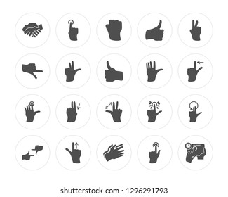 20 Shake Hands, Press Button, Clap Swipe Up, Frame, Peace, Wave, Zoom In, Tap to Right modern icons on round shapes, vector illustration, eps10, trendy icon set.