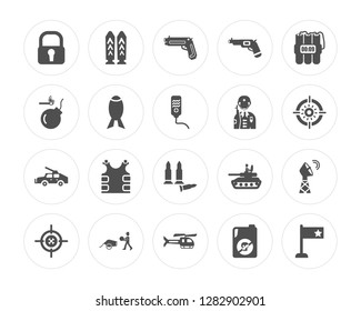 20 Shield, Bullets, Helicopter, Cannon, Aim, Dinamite, Soldier, Military vehicle, Bombs modern icons on round shapes, vector illustration, eps10, trendy icon set.
