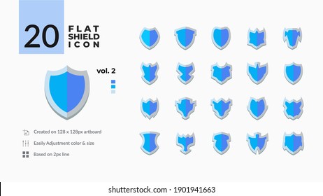 20 Shield Flat Icons Set v2, an illustration vector graphic of guard shape, to symbolize defense, protection, security, safety, perfect for logo badge, emblems, sports club, e-sport, military, police