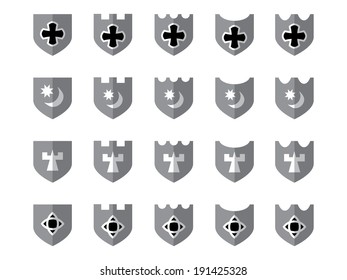 20 Shiny Medieval Shields in Grayscale and Black.