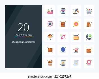 20 Flachfarbsymbol für Einkaufs- und E-Commerce-Produkte für die Präsentation