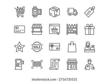 Conjunto de Vector de 20 iconos de línea de compras. Símbolos del esquema que incluyen el Carrito, el pago, el camión de entrega, la tienda, el regalo, la etiqueta de la venta, y el cajero para el comercio electrónico y el comercio minorista UI.