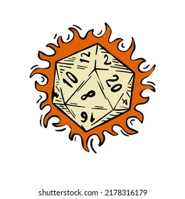 20 dados de lado con números. Los dados de la caricatura para juego de tablero de fantasía y rpg. Fuego mágico