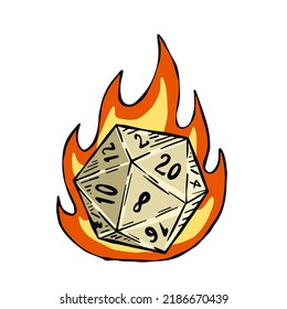 20 dados de lado con números. Los dados de la caricatura para juego de tablero de fantasía y rpg. Fuego mágico