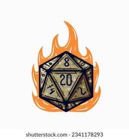 20 sided dice with numbers. Cartoon dice for fantasy dnd and rpg Board game. Magic fire isolated on white svg